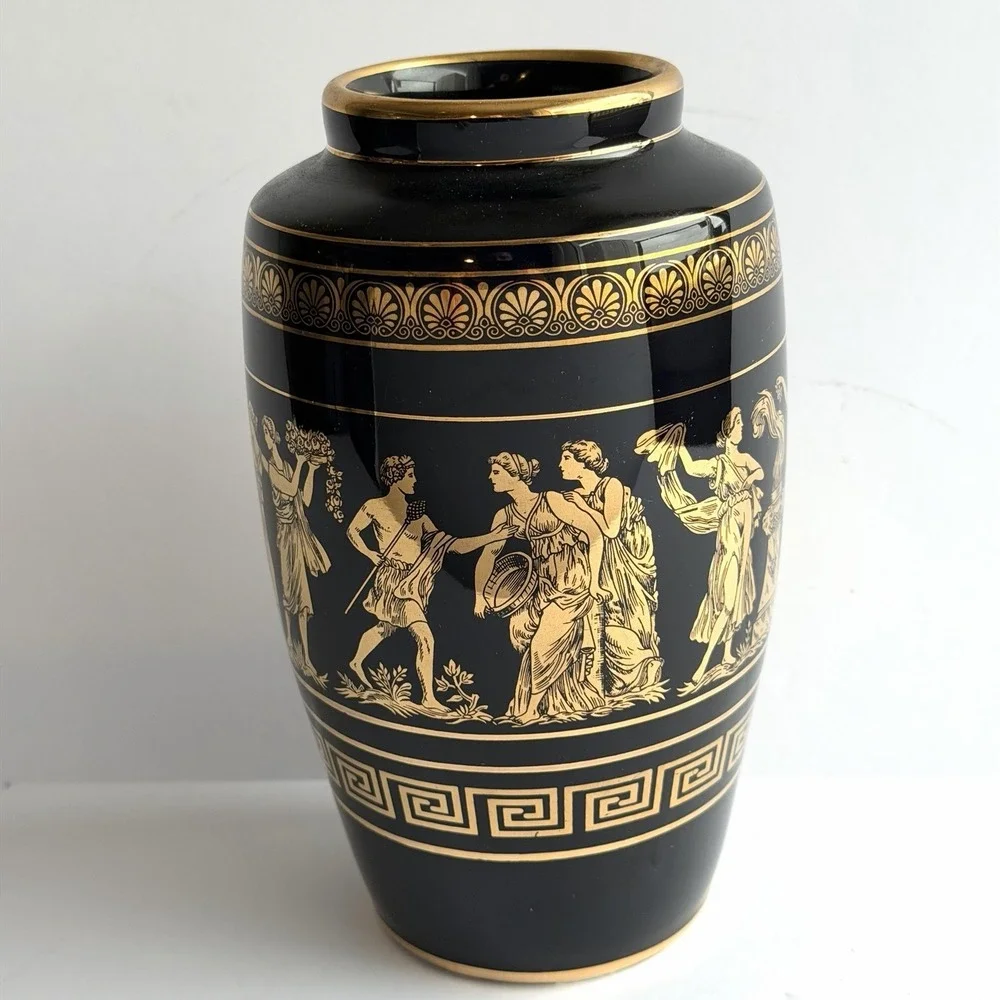 VTG‎ Stella Greek Vase Hand Made in Greece Pottery 24K Gold Trim 7.5